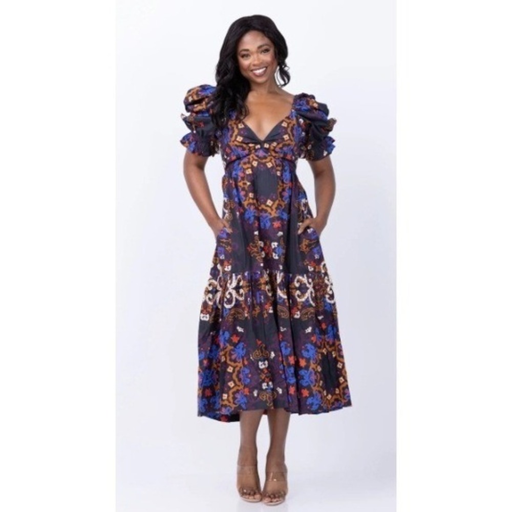 Cleobella Jewel Ankle Dress Venezia Puff‎ Sleeve Midi Black Blue Orange